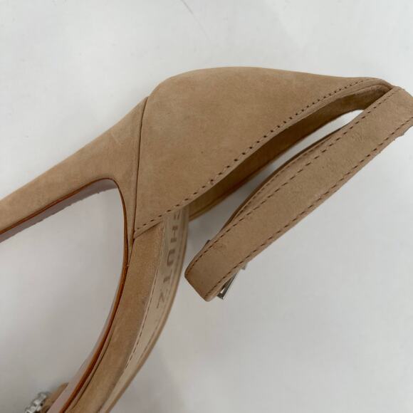 SCHUTZ Linsey Heels Size 9.5 Nubuck Leather Light Nude Rhinestone Square Toe - Picture 10 of 16